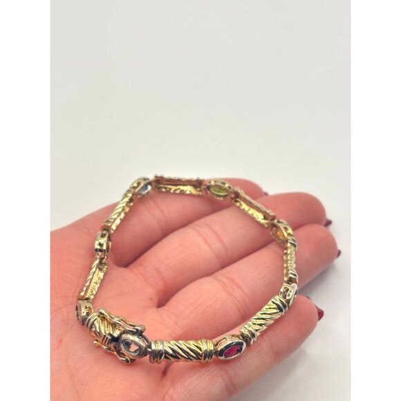 Estate TAS 925 Sterling Silver Multigem Bezel Bracelet 7" Long - Picture 8 of 8